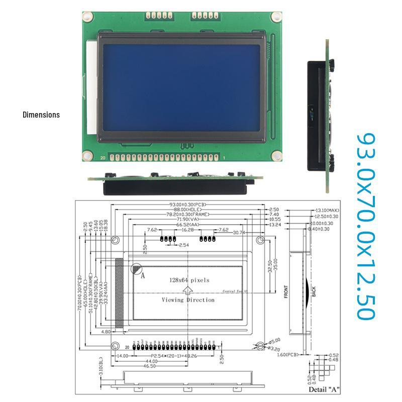 2.9-inch LCD Display Module, Blue/White, Serial & Parallel, 128x64 Dot Matrix Character Screen with Font Library