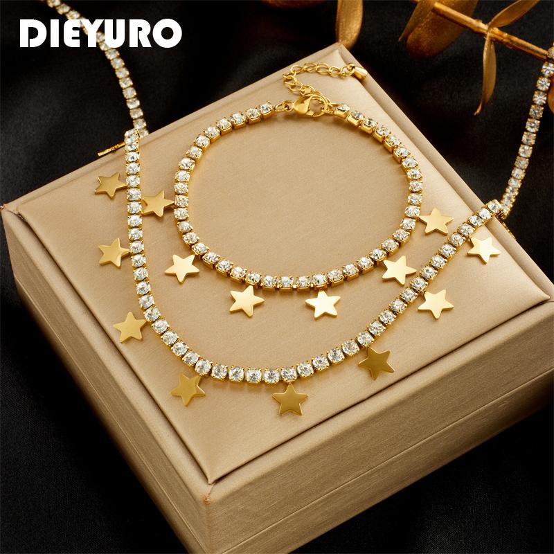 DIEYURO 316L Stainless Steel Star Pentagram Zircon Pendant Necklace Bracelets For Women Girl New Waterproof Choker Jewelry Set