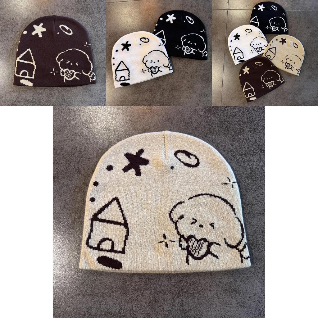 Childrens Knit Hat With Cartoon Dog Expression Knit Warm Headwear For Cold Seasons