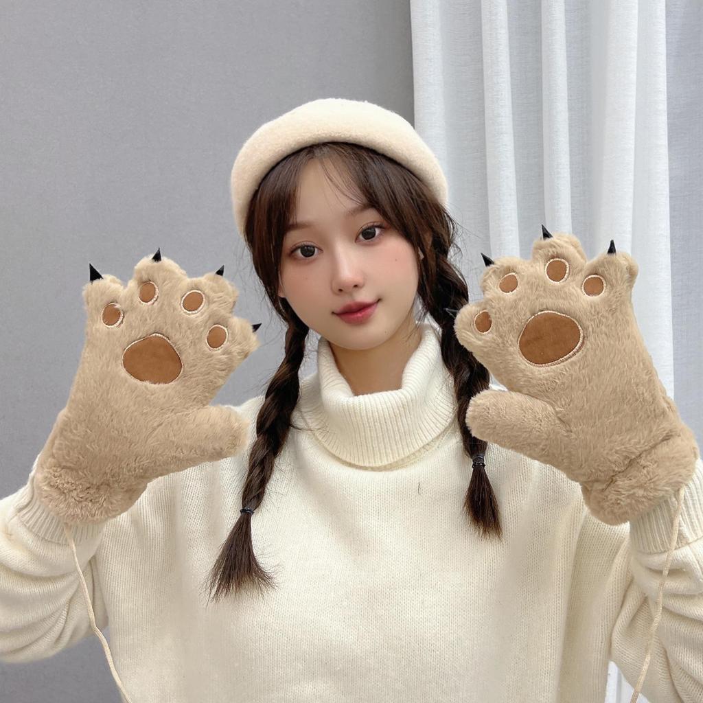 Gants Mignons d'Automne et d'Hiver pour Femmes avec Pattes d'Ours et de Chat en Peluche - Épais, Chaud, Design Cartoon pour Étudiantes