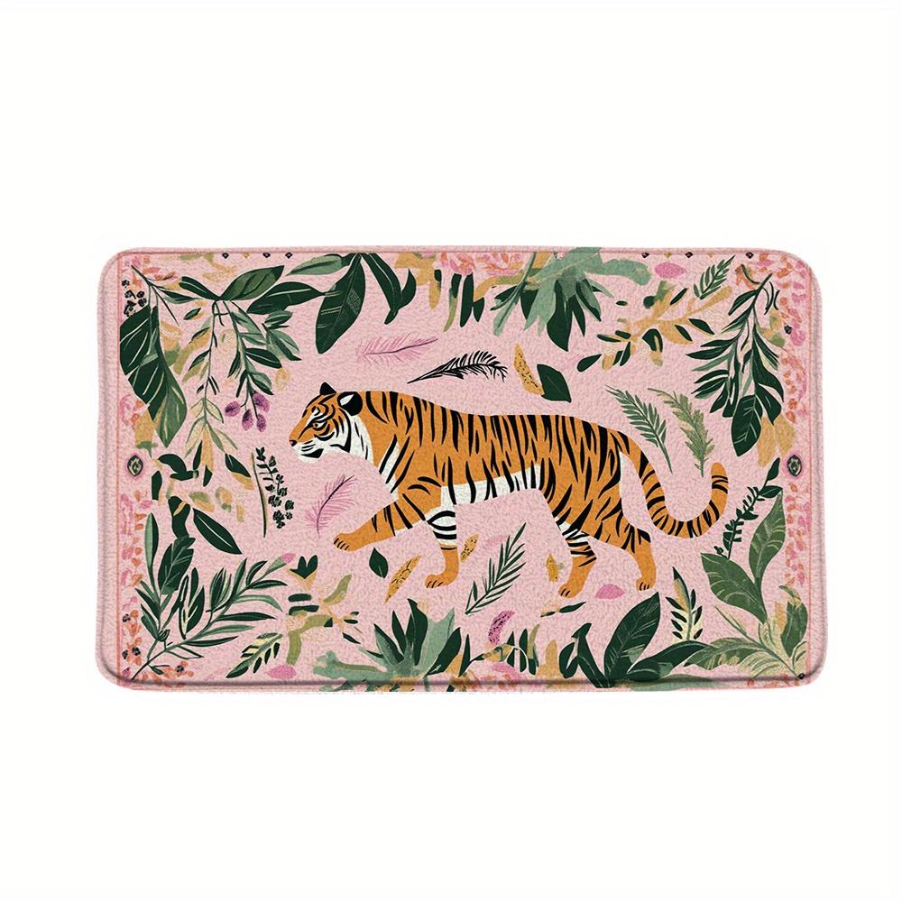 1 stuks 2D Vlakke Roze Achtergrond Tijger Tropische Bladeren Flanellen Badmat Antislip Jungle Dier Tapijt Voor Badkamer Kinderkamer 40x60cm16x24in