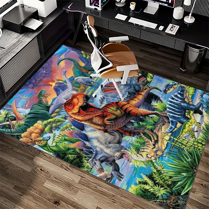 Colorful Dinosaur Jungle Prehistoric Animal Print Area Rug Non‑Slip Rectangular Floor Mat Wildlife Decor Rug for Game Room Bedroom Living Room