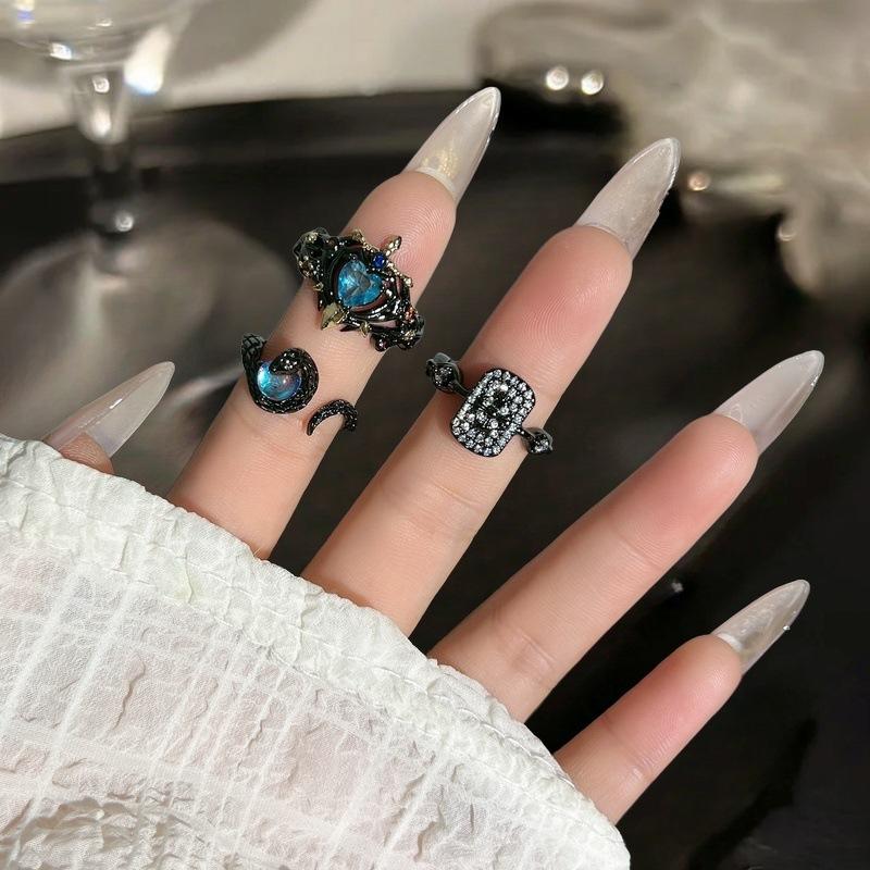 Love Sea Blue Zircon Dark Punk Style Personality Snake Open Ring Fashion Moonstone Niche Design Ring