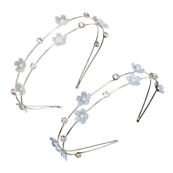 Fe Pige Hårbånd Dobbeltlags Design Hårbøjle med Blå Hvide Blomster Imitationsperler Rhinsten Bryllupper Fester Dating Hårpynt