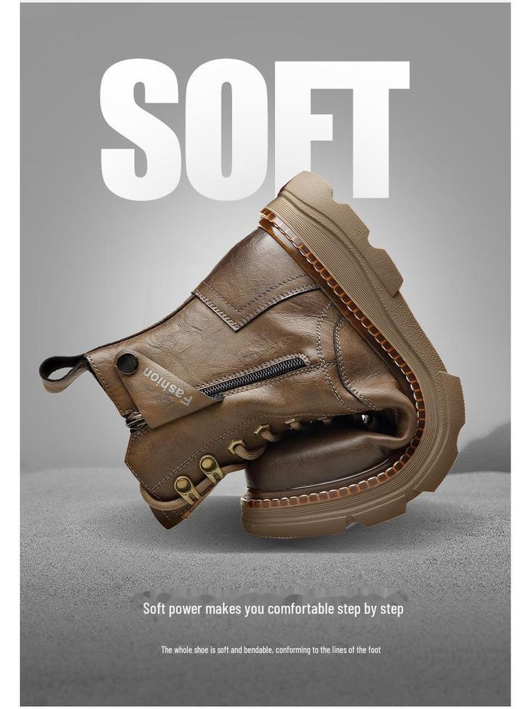 Men's Trendy Genuine Leather Martin Boots: Mid-Cut, All-Match High-Top with Velvet Lining for Autumn and Winter