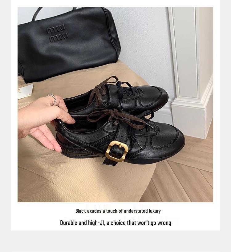 Women's 2025 Genuine Leather Retro Lace-up Ballet Flats with Metal Buckle and Soft Sole