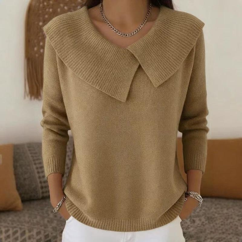 Fall Winter Asymmetrical Collar Knit Sweater Long Sleeve Casual Pullover Top