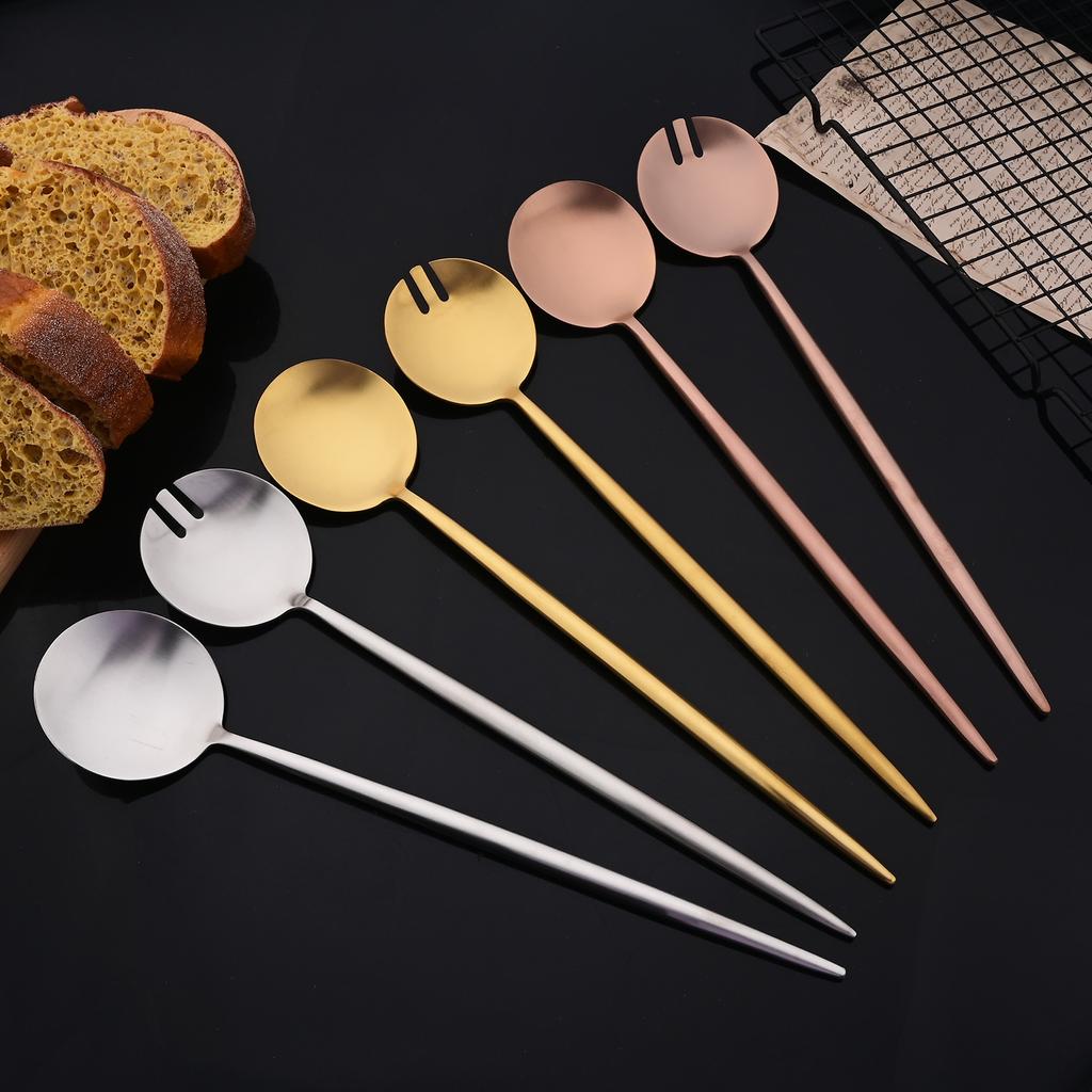 2Pcs Salad Service Set Matte Silver Cutlery Set Spoons Forks Long Handle Large Fork Stainless Steel Dinning Server Set