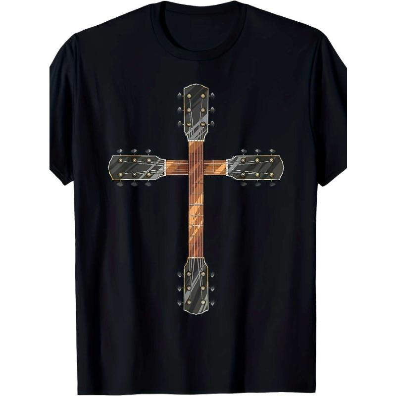 100% Cotton Breathable Guitar Cross T-Shirt - Men's Cool Christian Perfect for Casual Wear Outdoor Activities