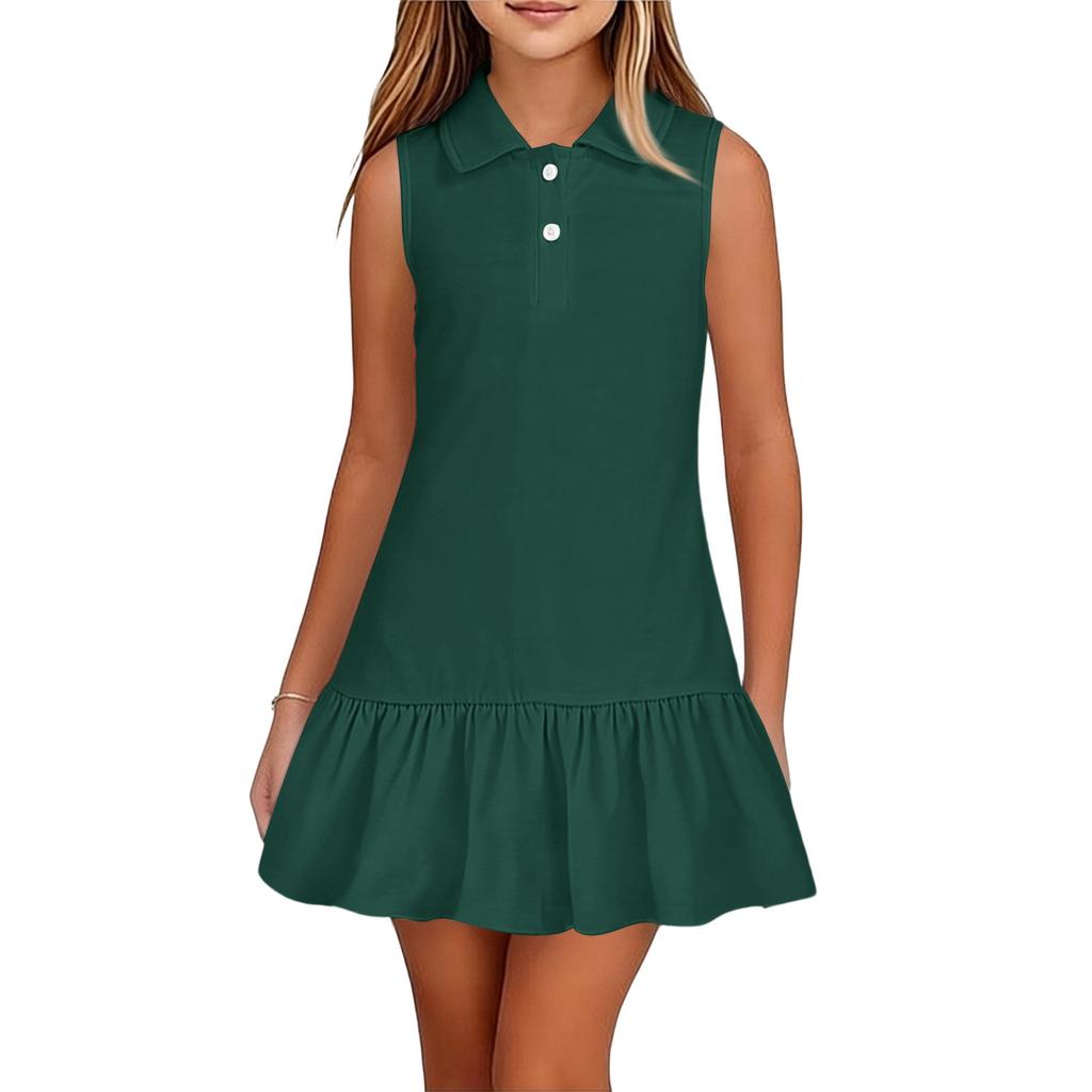 Vestito polo senza maniche per bambina, casual, da indossare tutti i giorni, con colletto e orlo a balze, vestibilità comoda, vestito estivo per bambini