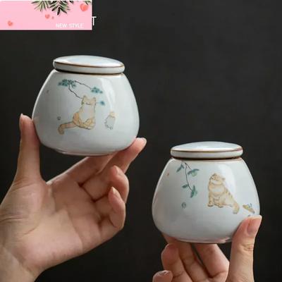 Chinese Ru Kiln Ceramics Tea Caddy Cute Cat Pattern Sealed Tea Leaf Container Travel Tea Bag Storage Box Kitchen Spice Organizer