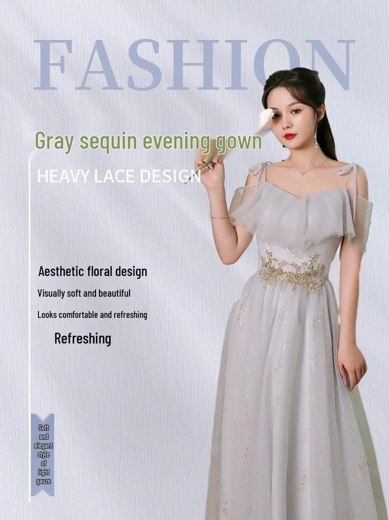 2026 Light Silver Gray One-Shoulder Sequined Bridesmaid & Evening Gown