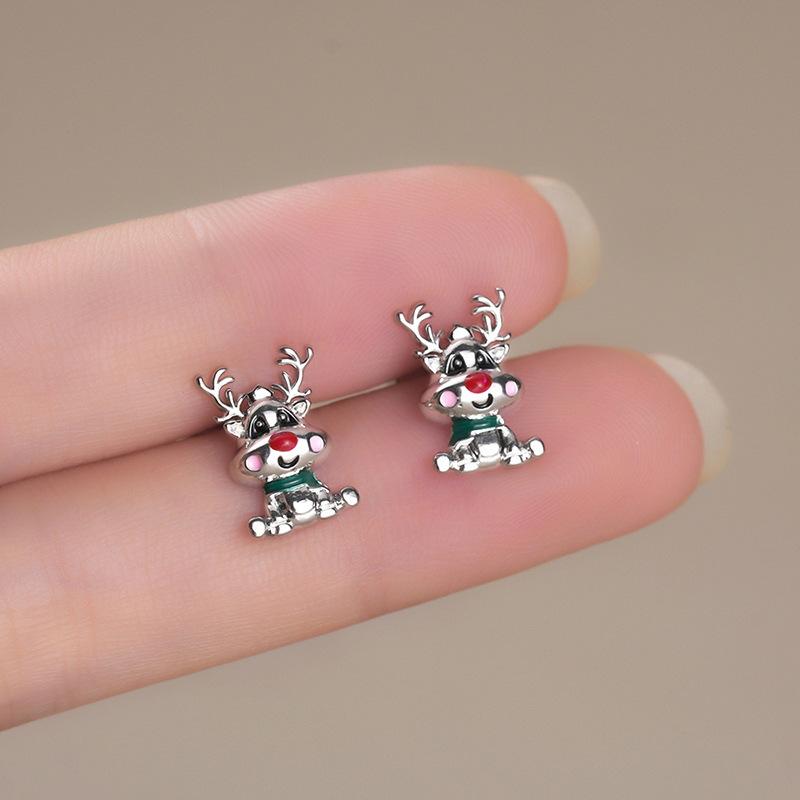 Cute Deer Elk Stud Earrings Painting Oil Christmas Sweet Jewelry Tiktok Live Earrings