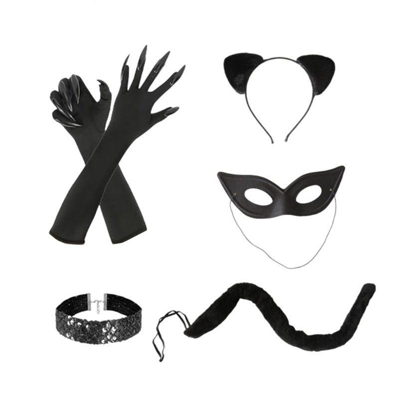 Cats Ear Headband Cats Claw Gloves Catwomen Costume Set Halloween Catwomen Costume Accessories for Carnivals 1