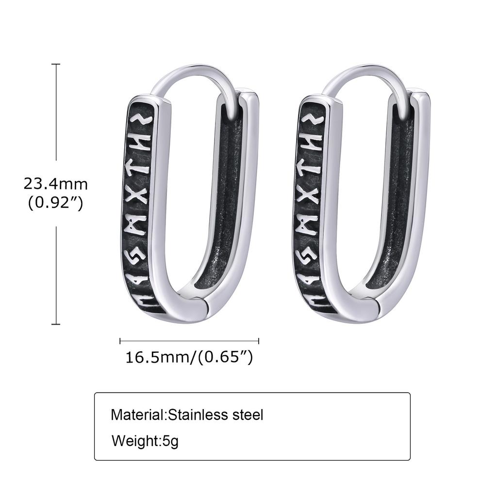 Vnox Viking Runes U Style Earrings for Men, Vintage Silver Color Stainless Steel Hoop Huggie Earrings,Gifts for Him Jewelry