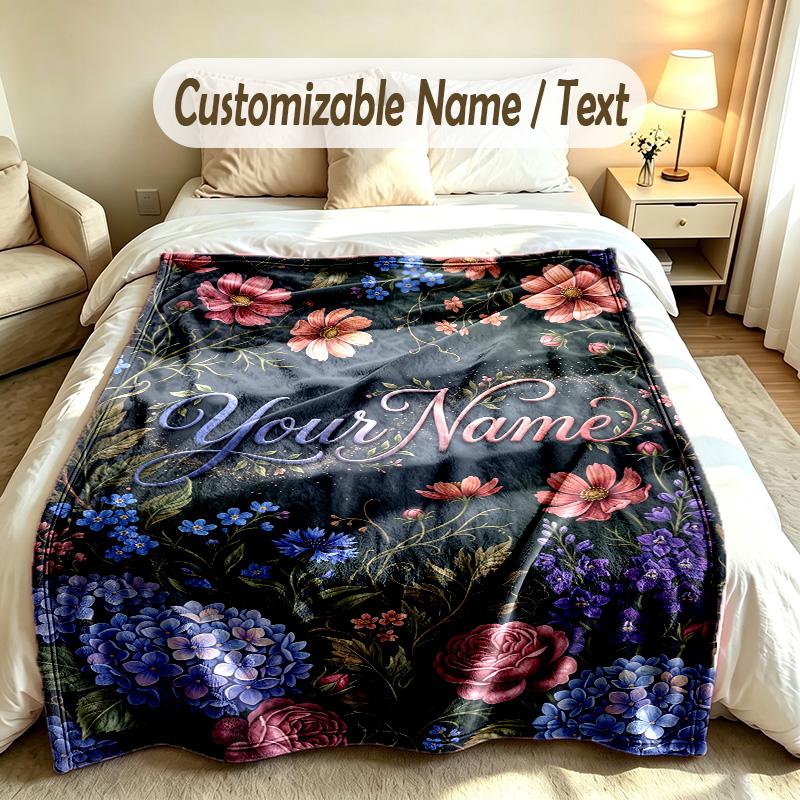 Floral Theme Custom Blanket Personalized Name & Text Customized Soft Warm Throw Blanket Home Decor