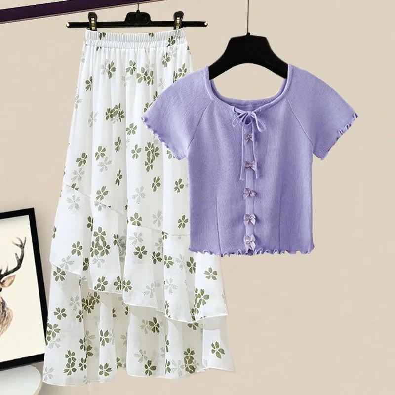 Women's Summer Fresh Ageing Set Waisted Floral Top + Half-body Skirt Two-piece Set