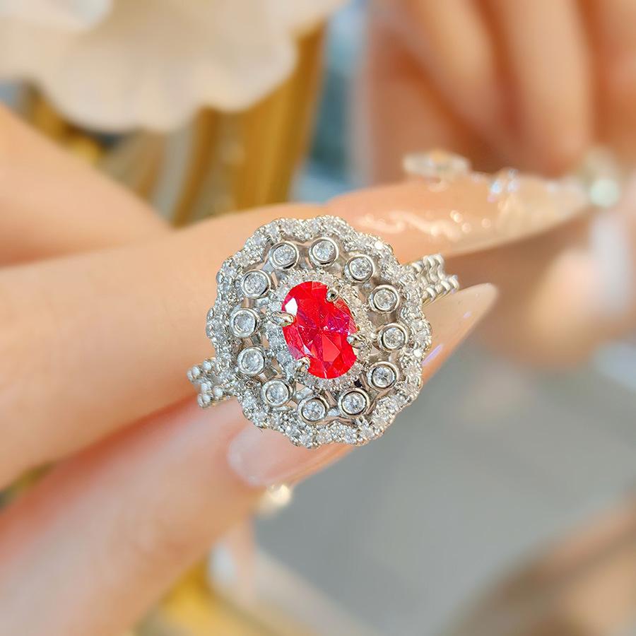 Light Luxury Niche Temperament Simulation Pigeon Blood Ruby Ring Women'S Red Corundum High-Grade With Cotton Emerald Diamond Ring