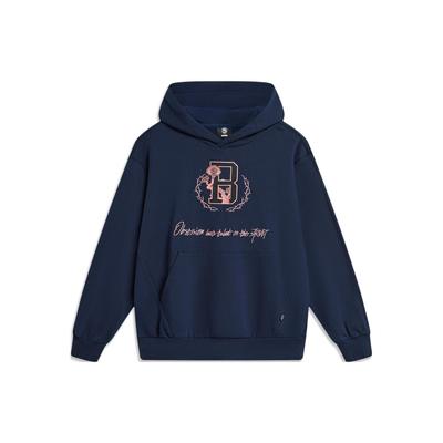 Li Ning Badfive Geborduurde Letter Print Losse Pullover Hoodie Unisex hoodies Diep-Marineblauw AWDT469-7