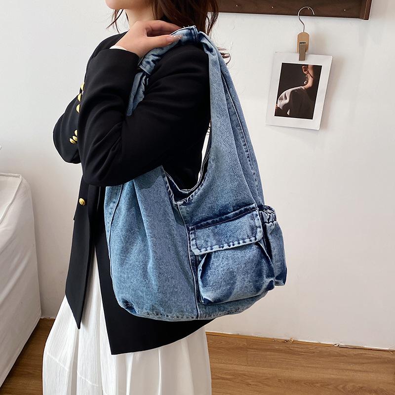 Borsa a Spalla in Denim Lavato Dgdaemun Coreana da Donna Moda Grande Capacità Borsa con Manico Casual Texture Versatile Borse Semplici per la Conservazione