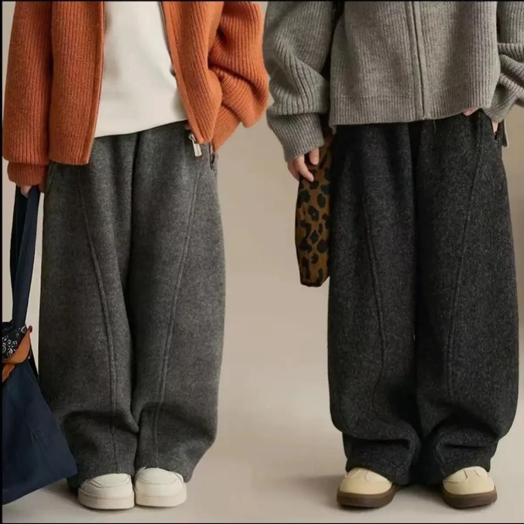 Extra Thick Faux Rabbit Fur Kids Wool Blend Tapered Pants for Fall and Winter
