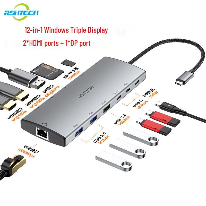 12-in-1 Type-C Docking Station with Dual HDMI, DP, 3.0 Hub & RJ45 Ethernet for Triple Display