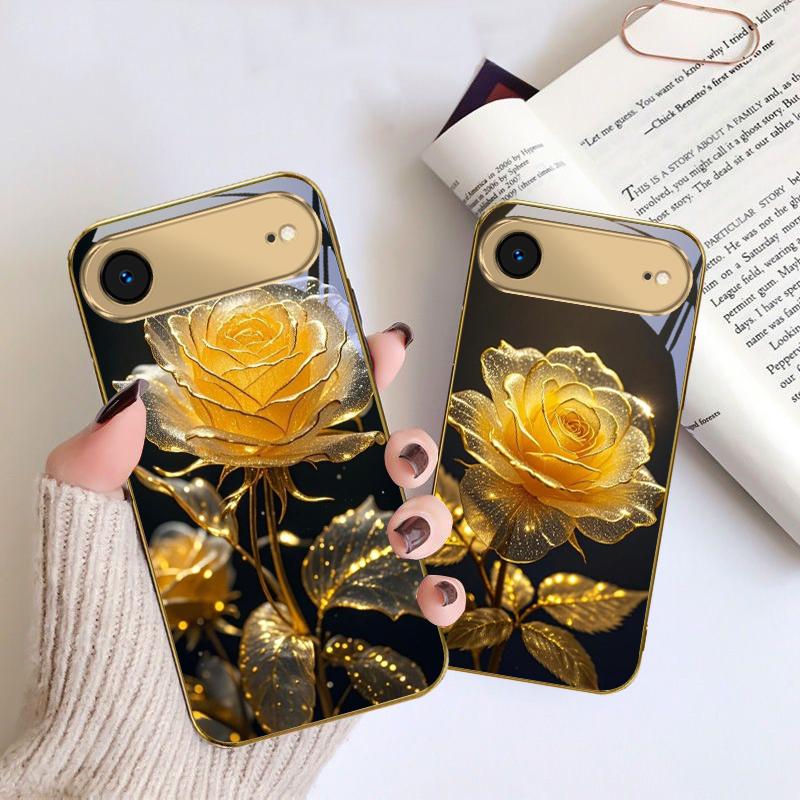 Elegant golden rose For IPhone 17Pro Max 16 17 Pro 15 Pro 14 13 Plus 12 Mini 11Pro Max XR 16E 17 Air Golden glass phone case