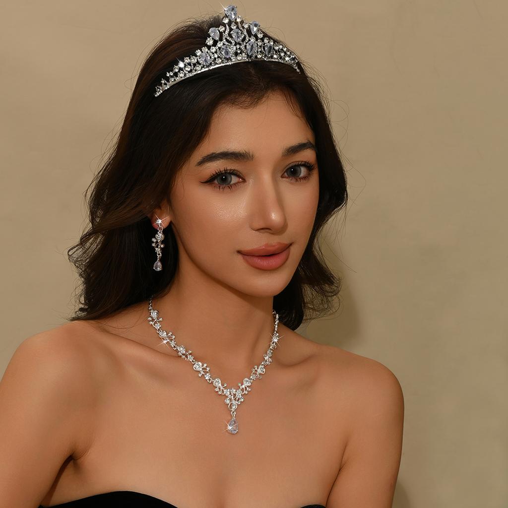 Ladies' fashionable water droplet light luxury necklace earrings crown Zircon set wedding party holiday gift