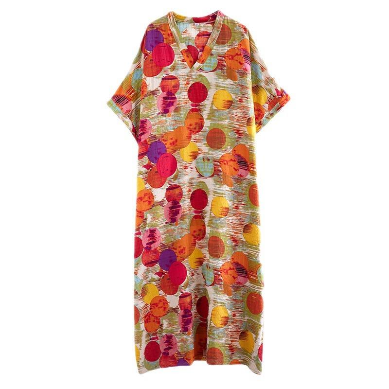 Real Shot Summer Thin V-neck Cotton and Linen Large Size Loose Literary Holiday Style Beach Dress Long Women