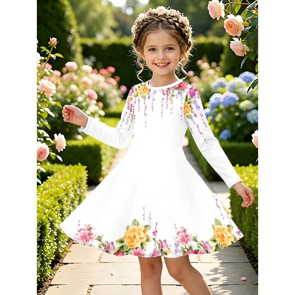 Girls' 3D Floral Dress Long Sleeve Summer Spring Vacation Daily Holiday Princess Beautiful Sweet Kids 4-12 Years Casual Dress A Line Dress