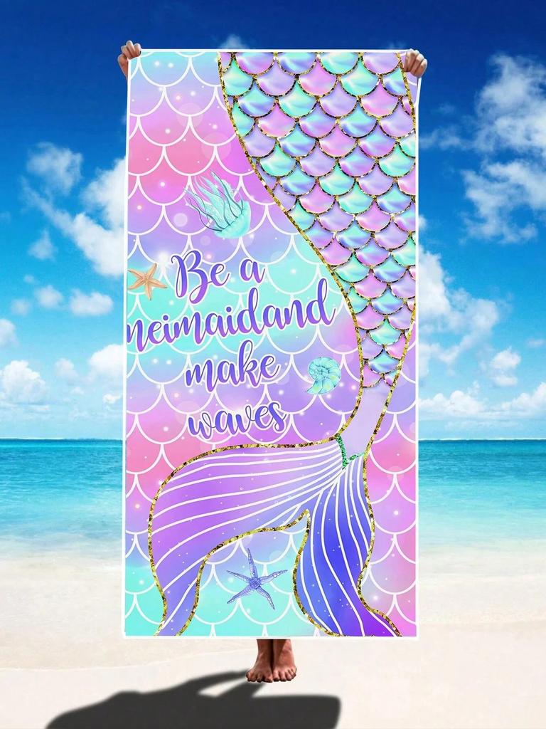 1Pc Colorful Mermaid Tail Print With Inspirational Quote Quick Dry Lightweight Breathable Comfortable Beach Towel For Summer Use