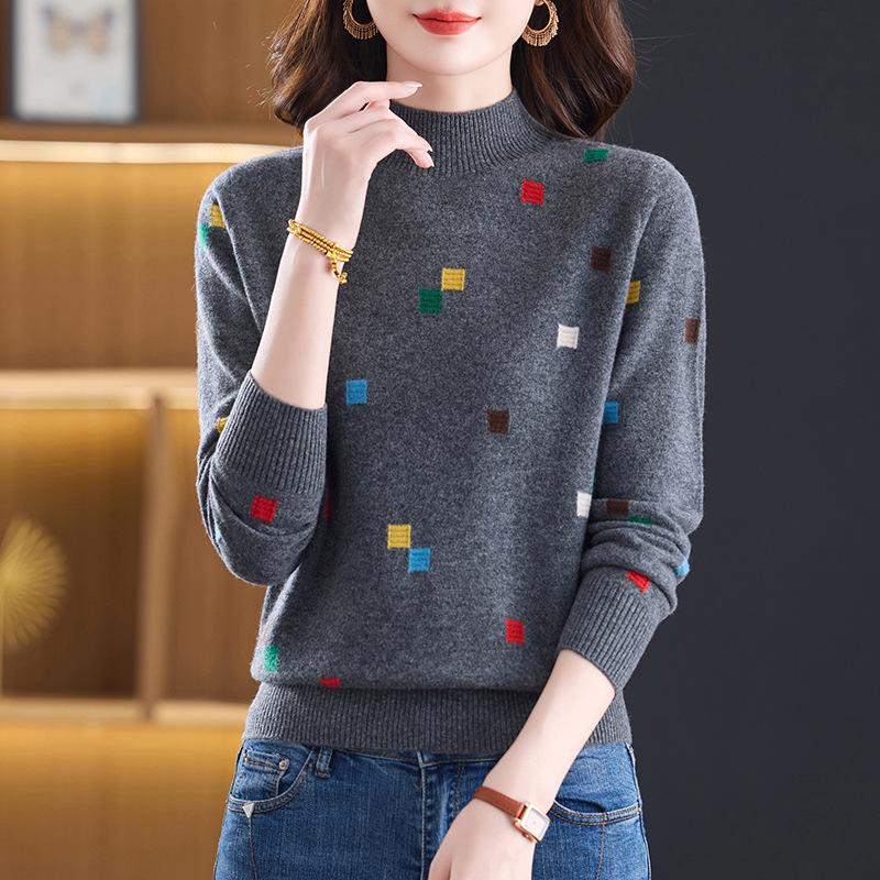 Damski Sweter Wełniany Petite Color Block - Dzianinowy Top z Półgolfem na Jesień/Zimę