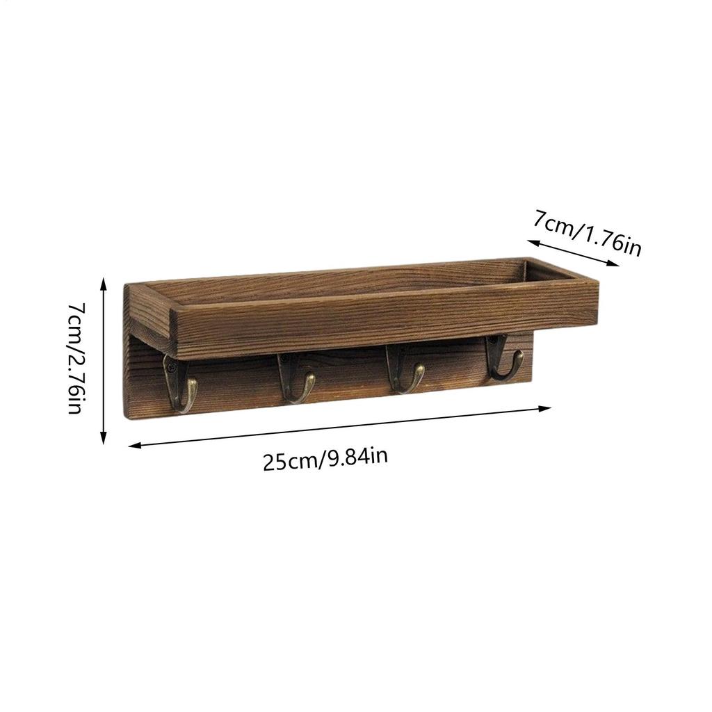 Rustic Wooden Key Holder with 4 Hooks Storage Tray Easy Install Wall-Mounted Organizer for Keys Mail and More for Bedroom Office