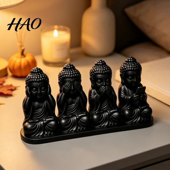 Artistic Tabletop Centerpiece 4-in-1 Mini Buddha Statue, See Hear Speak No Evil And Phone, 3D Printed Trendy Office Gadgets Zen Monk Feng Shui
