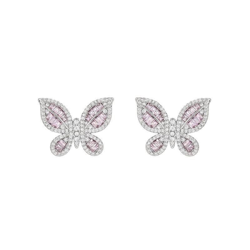 Pink diamond full set butterfly stud earrings dream shining insect design earrings niche gentle girl heart versatile earrings