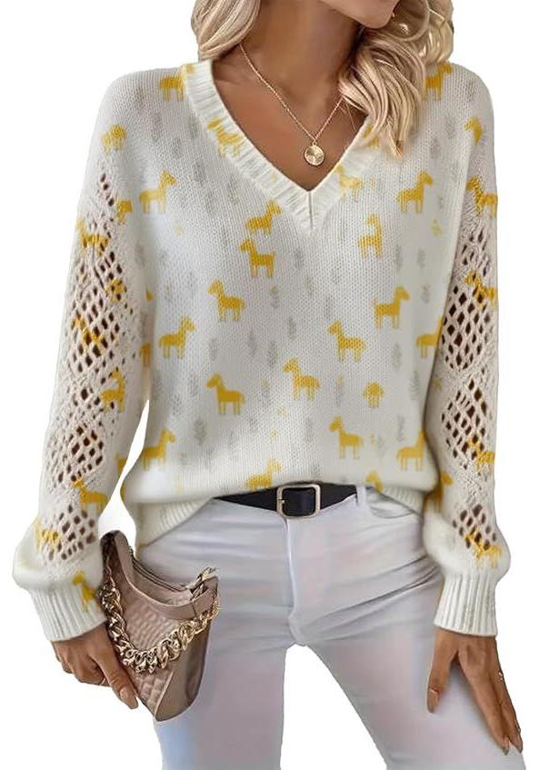 V-Neck Eyelet Print Sweater - Style HS-LY52