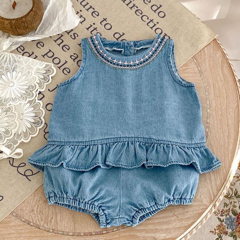2025 New Summer 0-3Yrs Children Clothes Suit Sleeveless Solid Color Denim Vest+Shorts Newborn Baby Girls Clothing Set
