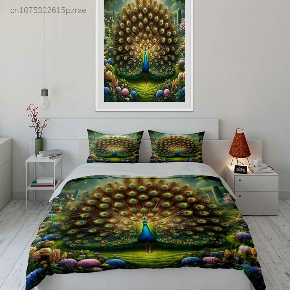 Elegant Peacock Garden Decor Set Multiple Sizes kid's And adults' Bedroom Exquisite 3PC Bedding set, Gift