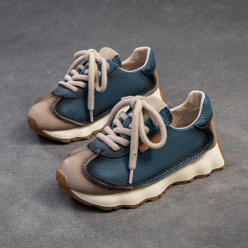 Johnature Genuine Leather Sneakers Versatile Casual Sports Shoes Round Toe Lacd-up Women's Flat Shoes