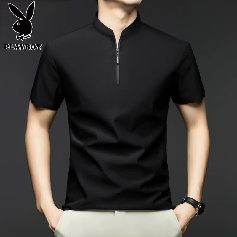 PLAYBOY Men s Ice Silk Zipper Stand Collar Polo T-Shirt L