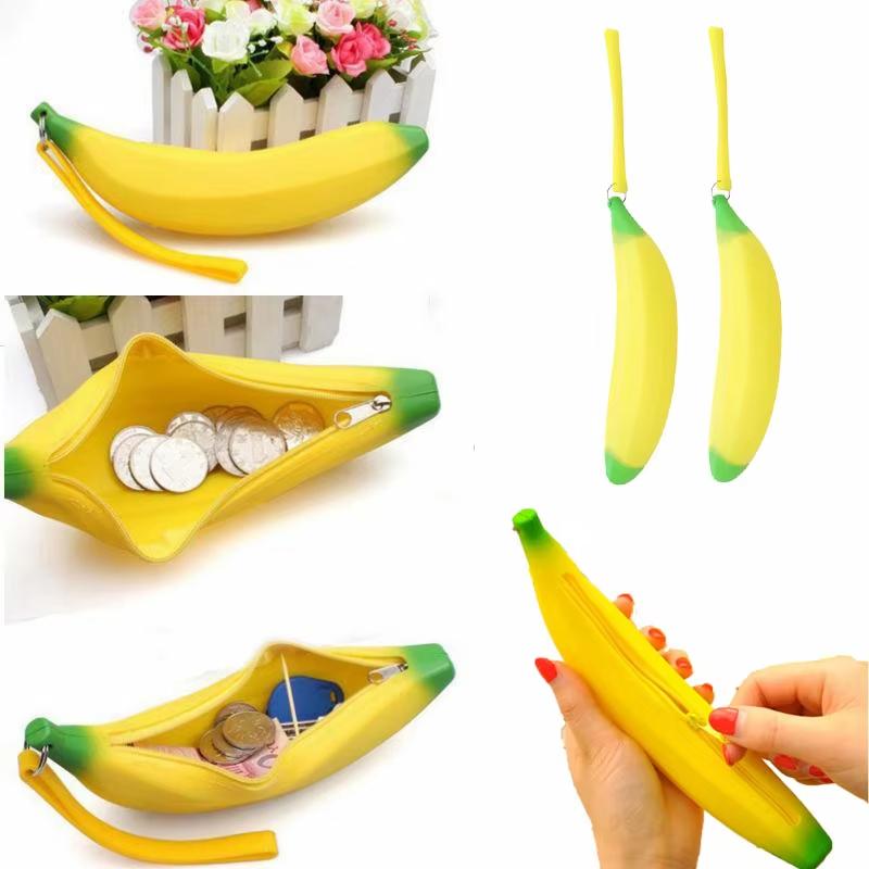 Novelty Silicone Portable Yellow Banana Coin Purse Multifunctional Pencil Case Wallet Key Bag Pouch