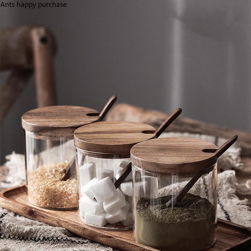 Home Glass Spice Jar Three-piece Set Kitchen Supplies Seasoning Box Wooden Cover Spoon Transparent Spice Container Spice Tools