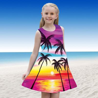 Girls' Dress Sleeveless 3D Orange Sunset Print Summer Daily Cute Casual Sweet Kids A Line Dress Tank Dress