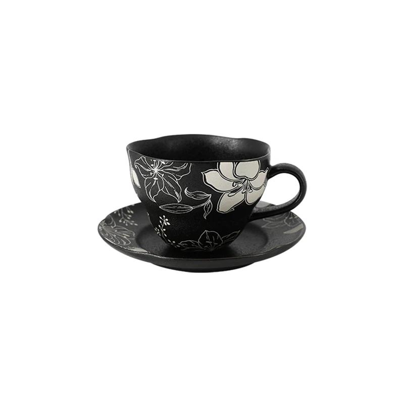 High End Creative Black Ceramic Coffee Cups Home Exquisite Flowers Irregular Coffee Cup Unique Afternoon Tea Pot Holiday Gifts