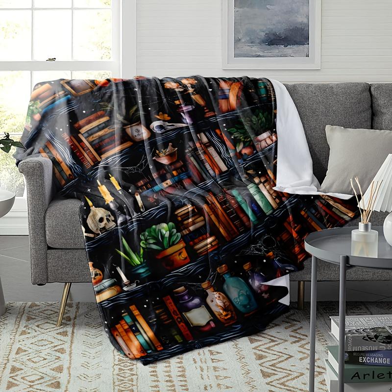 Witchy Bookshelf Flannel Throw Blanket, Magic Book Potion Bottle Skull Plant Print Soft Warm Cozy Blanket for Sofa Bed Home Decor Gift
