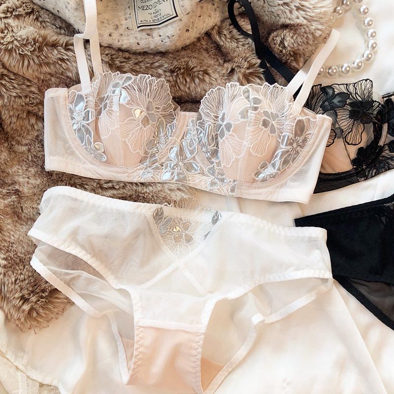 

Комплект нижнего белья с французскими кружевными цветами и вышивкой для женщин, сексуальный сетчатый дышащий бюстгальтер Push Up, комплект нижнего белья с тонкой чашкой 1/2 85C белый