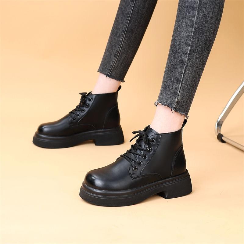 Soft leather thick-soled Martin boots women's new autumn single boots soft-soled low-top new black short boots