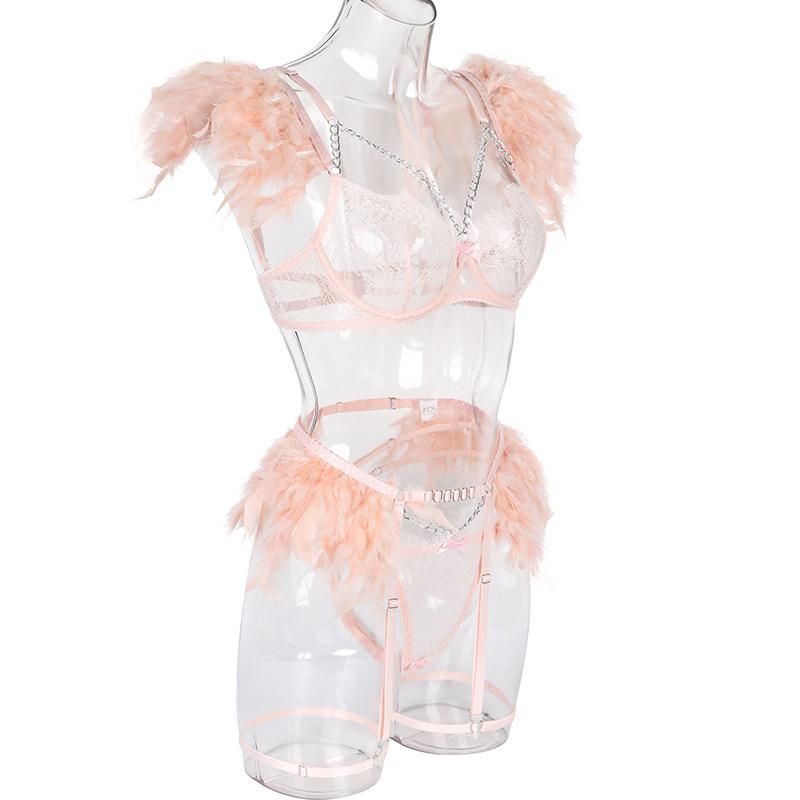 Metal Chain Lace Feather Lace Sexy Lingerie Women Thong Set of 3