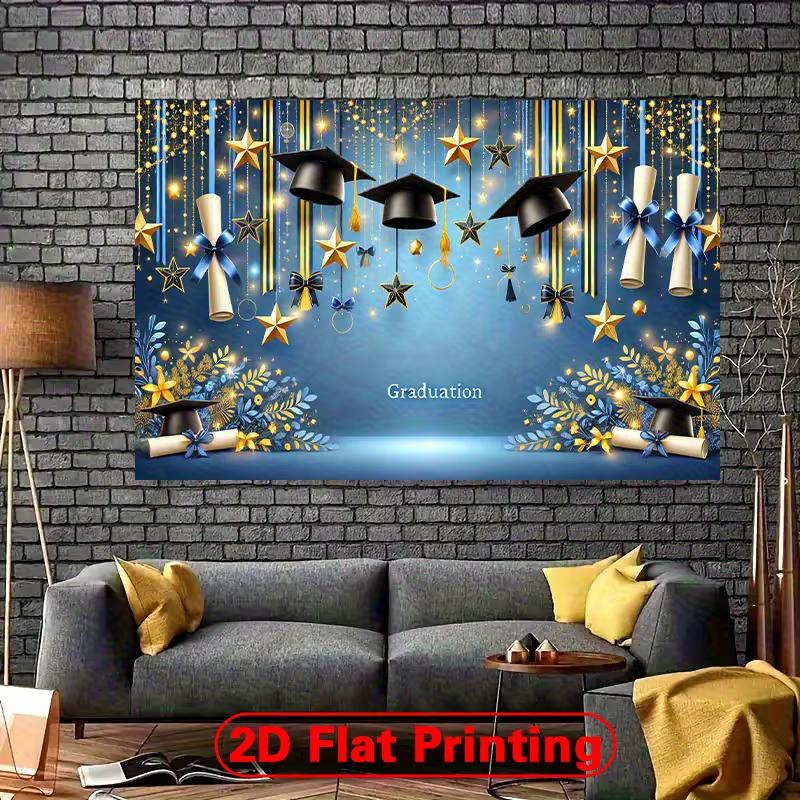 2D Graduation Banner, Blue & Gold Star Backdrop for Photoshoot & Celebration
