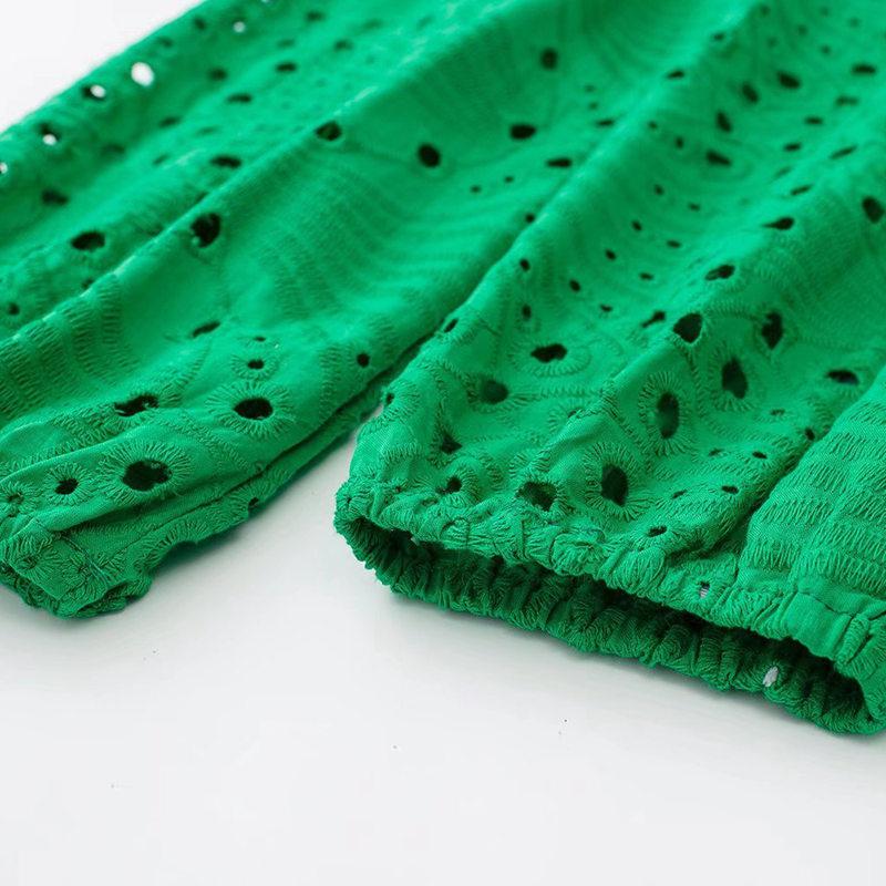 Femei Vintage Maneci Trei Sferturi Nasturi Fata Curea Broderie Verde Rochie Mini